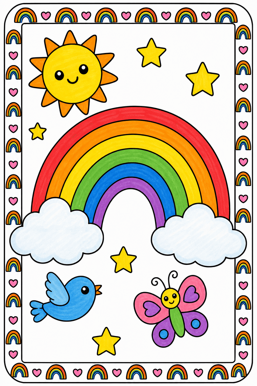 Rainbow Scene with Hearts, Bird, and Butterfly marker colorized preview