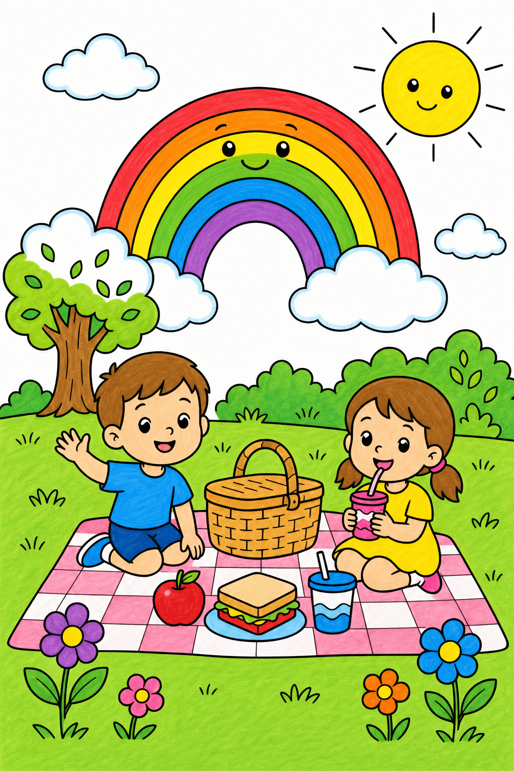 Rainbow Picnic with Children in the Park marker colorized preview