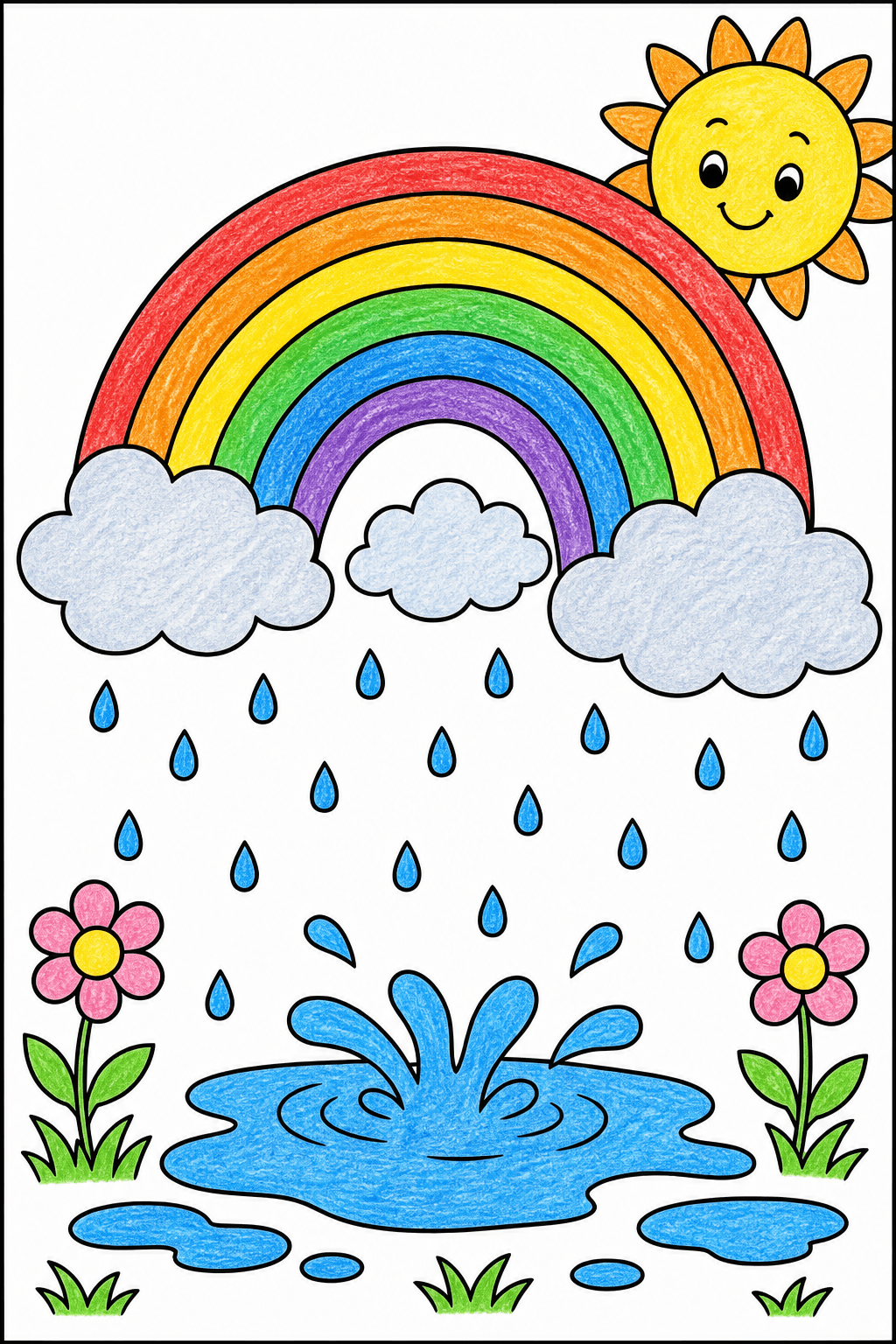 Preschool Rainbow Rain Shower Coloring Page crayon colorized preview