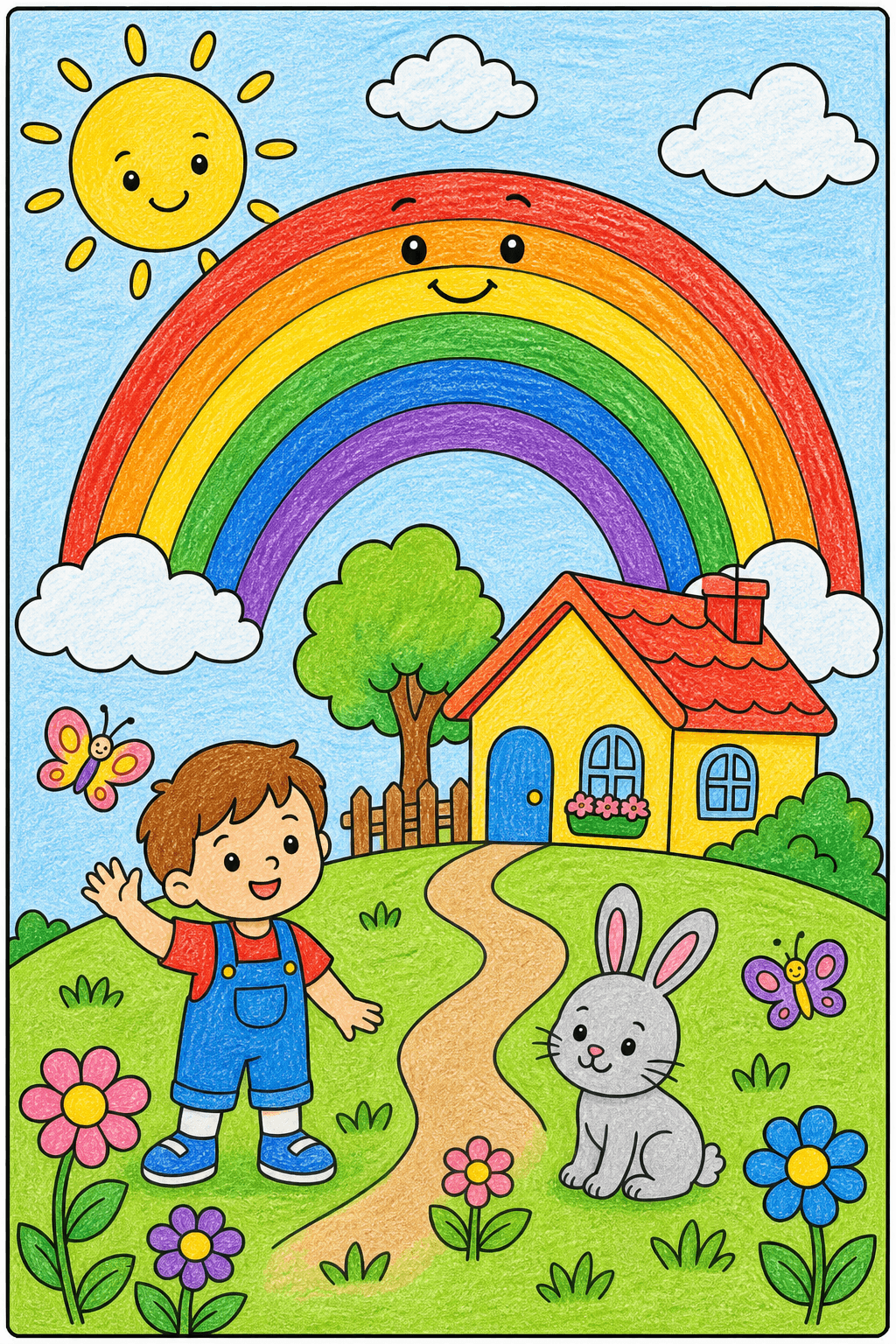 Smiling Rainbow Over a Cottage Garden crayon colorized preview