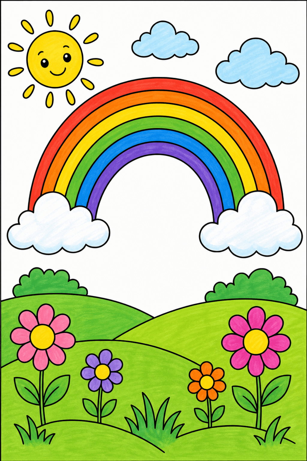 Smiling Sun Over a Rainbow Garden marker colorized preview