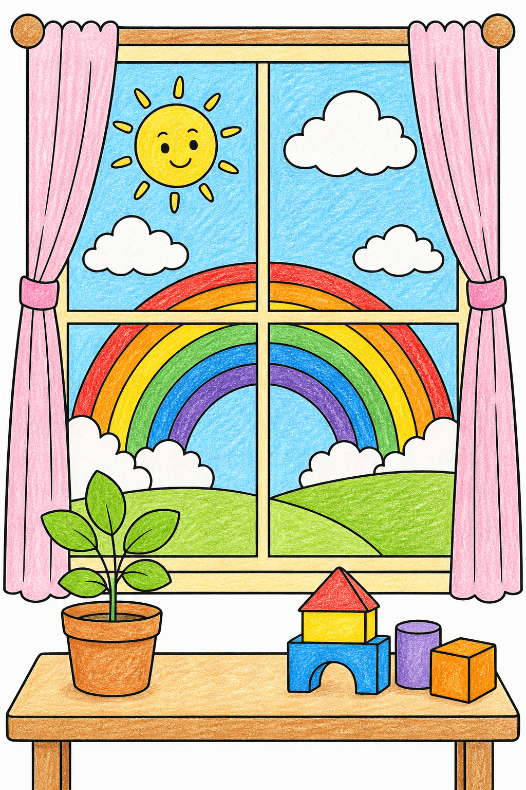 Rainbow View Through a Curtained Window crayon colorized preview