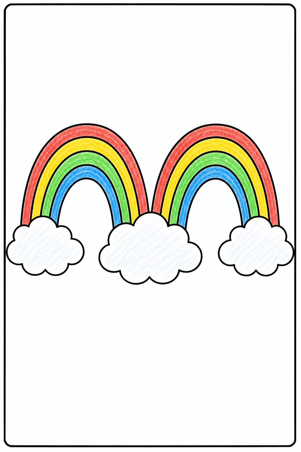 Side-by-Side Rainbow Arches Linking Fluffy Clouds crayon colorized preview