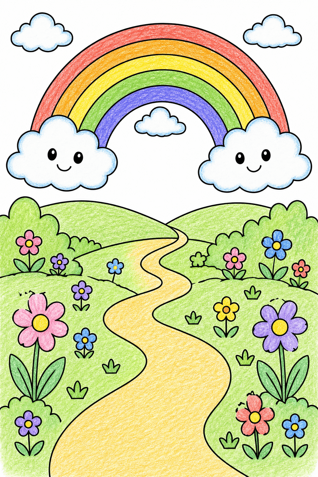 Rainbow and Smiling Clouds Over a Garden Path crayon colorized preview