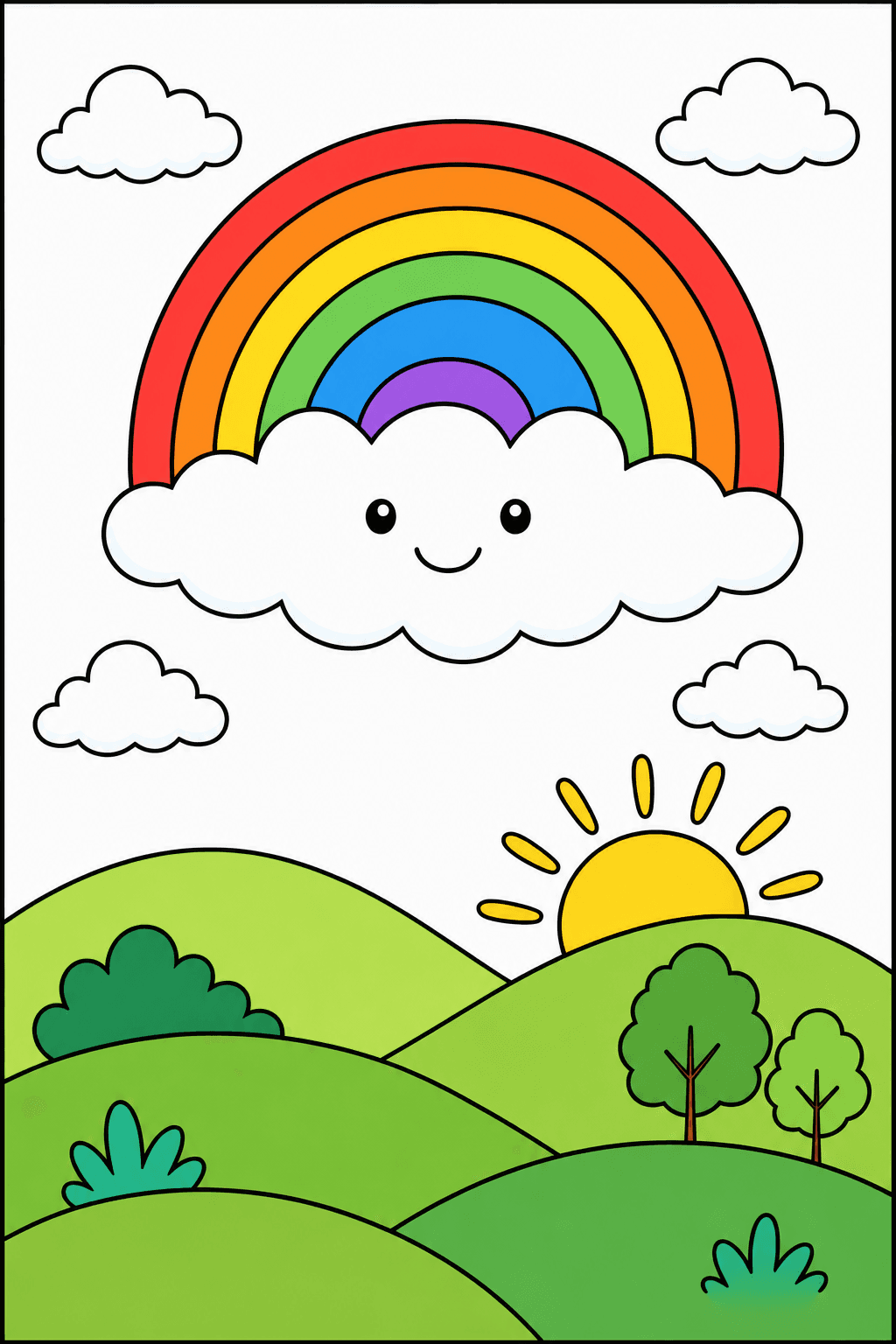 Smiling Cloud and Rainbow Above Rolling Hills clean-digital colorized preview