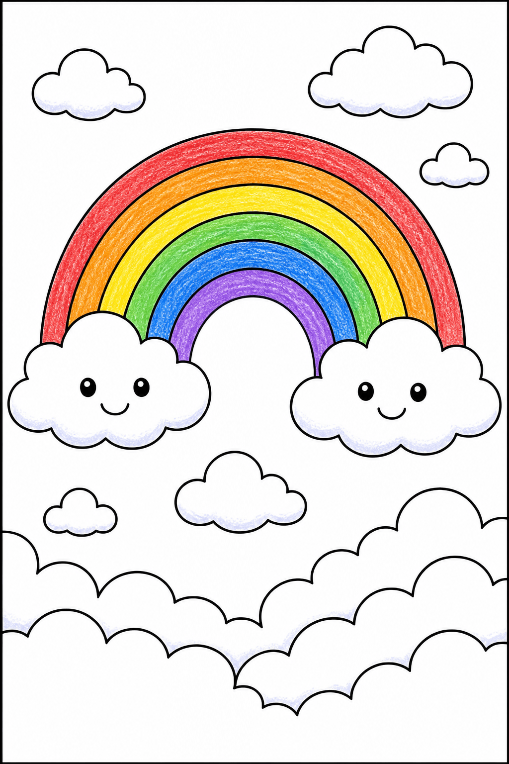 Smiling Clouds and a Large Rainbow crayon colorized preview