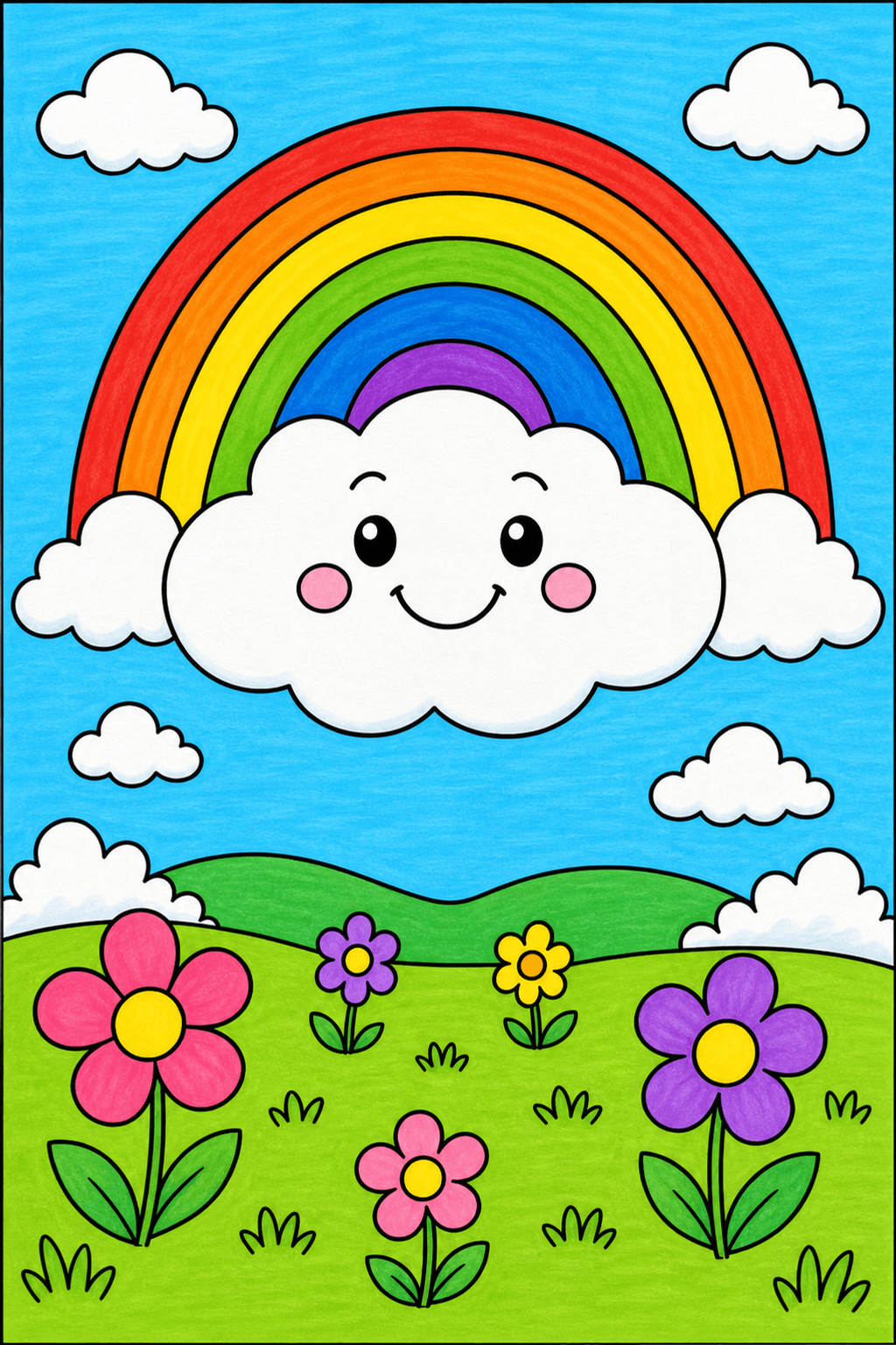 Smiling Cloud Over a Flower Meadow marker colorized preview