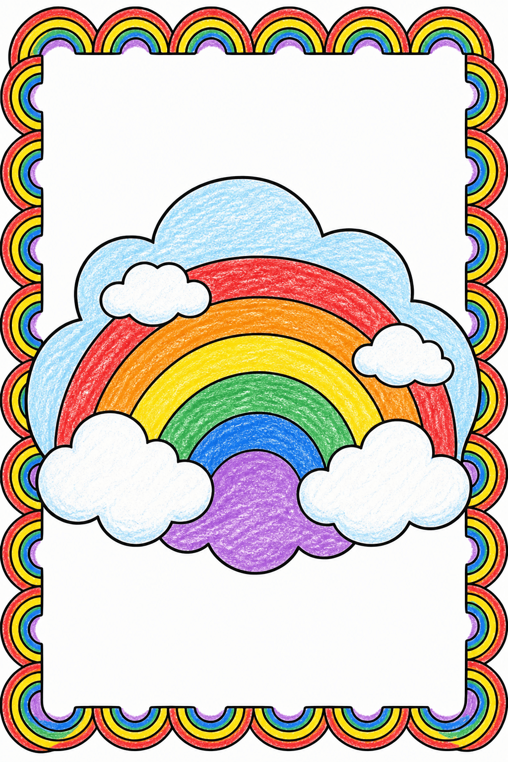 Rainbow and Clouds in a Patterned Frame crayon colorized preview