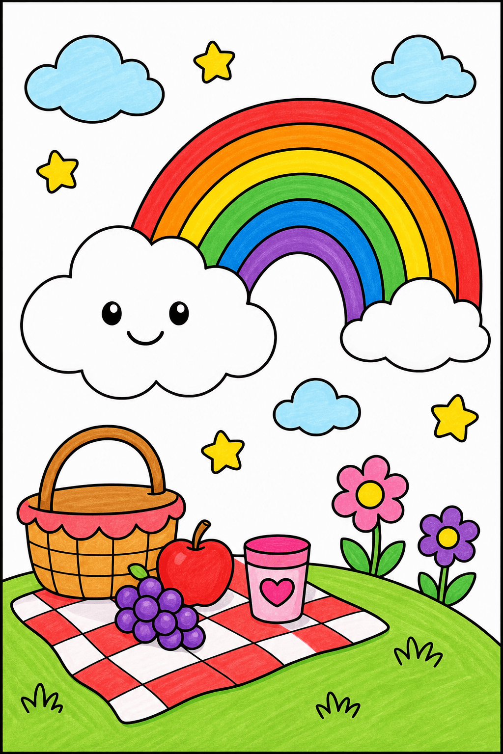 Smiling Cloud Rainbow Picnic Coloring Page marker colorized preview