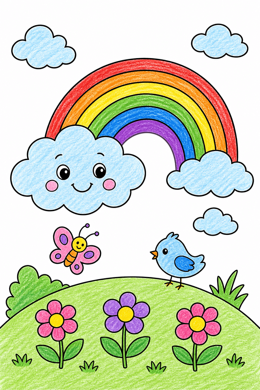 Rainbow Garden with a Smiling Cloud crayon colorized preview