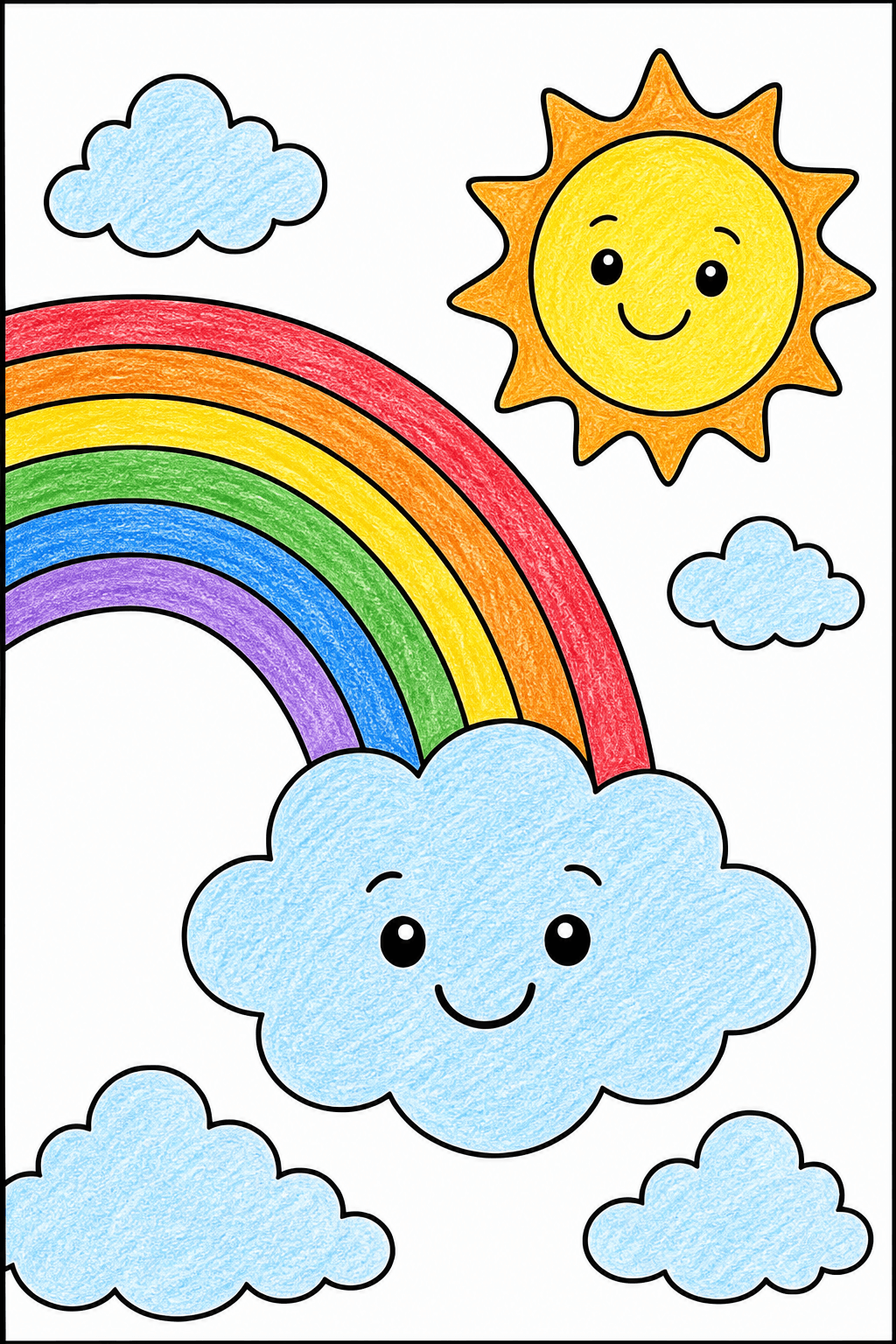 Smiling Cloud with a Rainbow and Sun crayon colorized preview