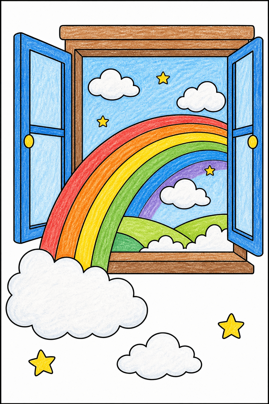 Rainbow View Through an Open Window crayon colorized preview