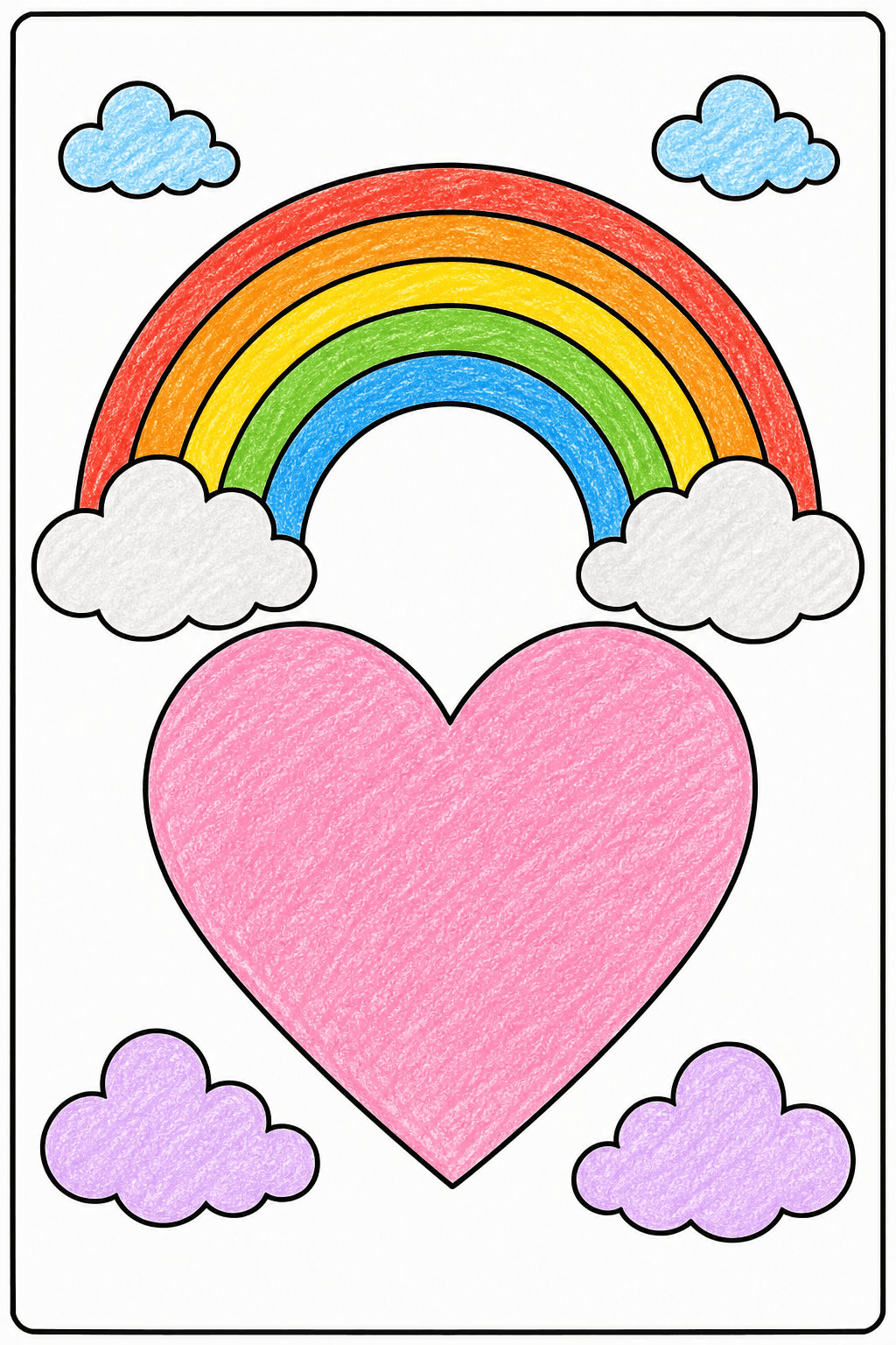 Large Heart Under a Rainbow and Clouds crayon colorized preview