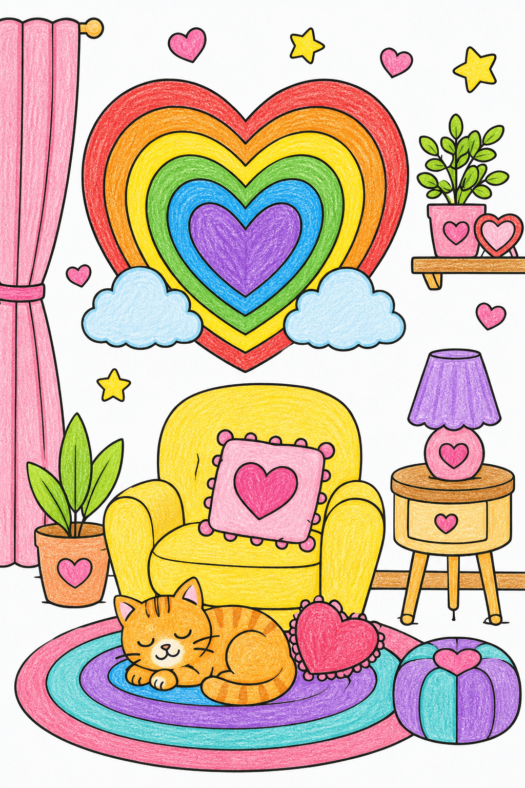 Cozy Room with Heart Rainbow and Sleeping Cat crayon colorized preview