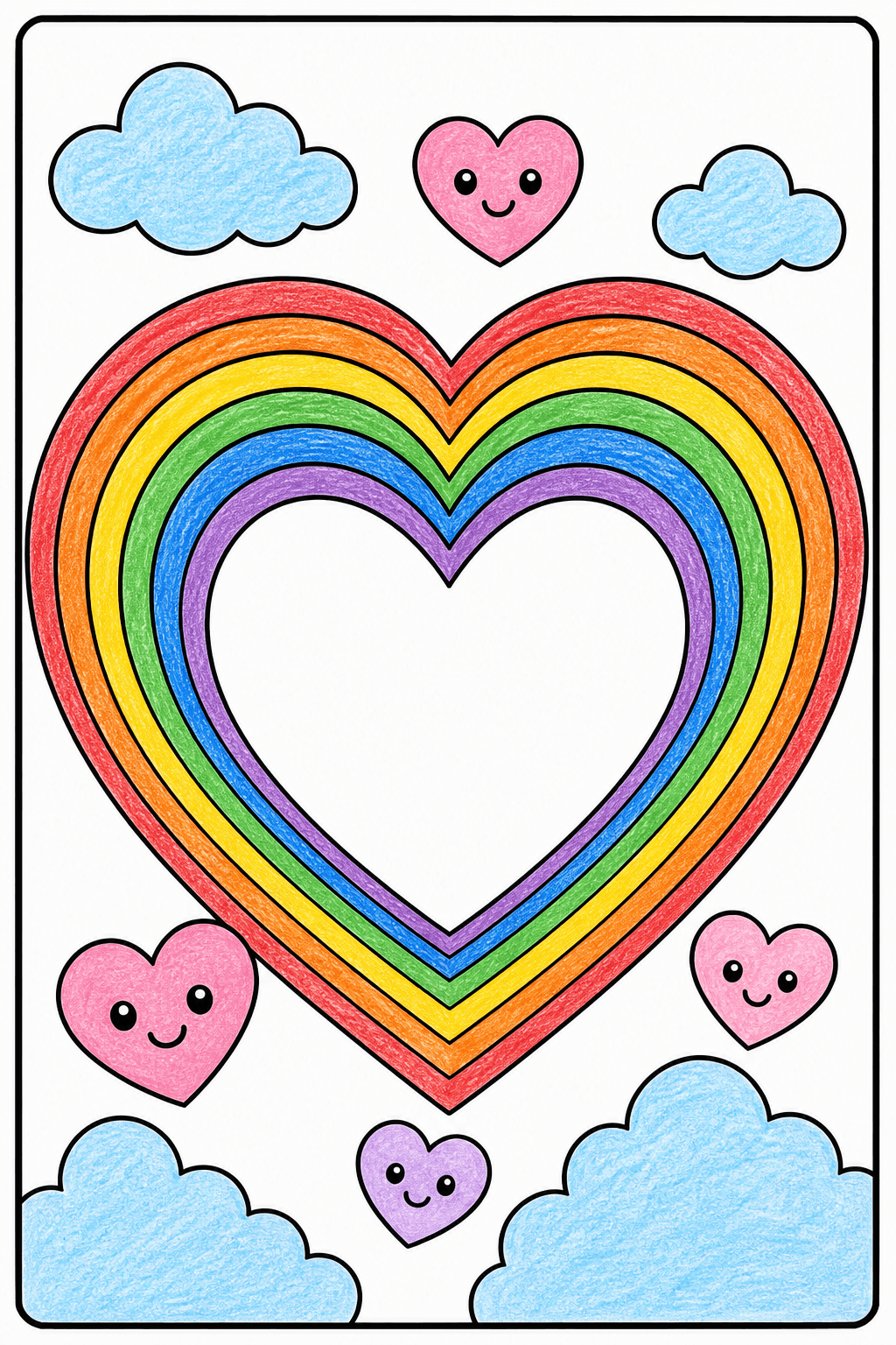 Heart-Shaped Rainbow with Clouds crayon colorized preview
