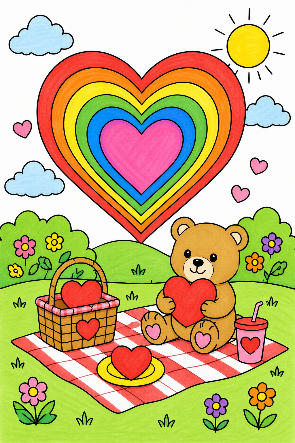 Teddy Bear Picnic Under a Rainbow Heart marker colorized preview