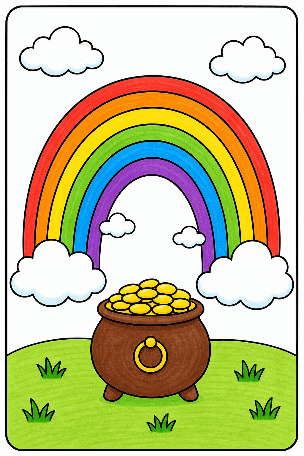 Coin-Filled Pot Below a Cloud-Framed Rainbow marker colorized preview