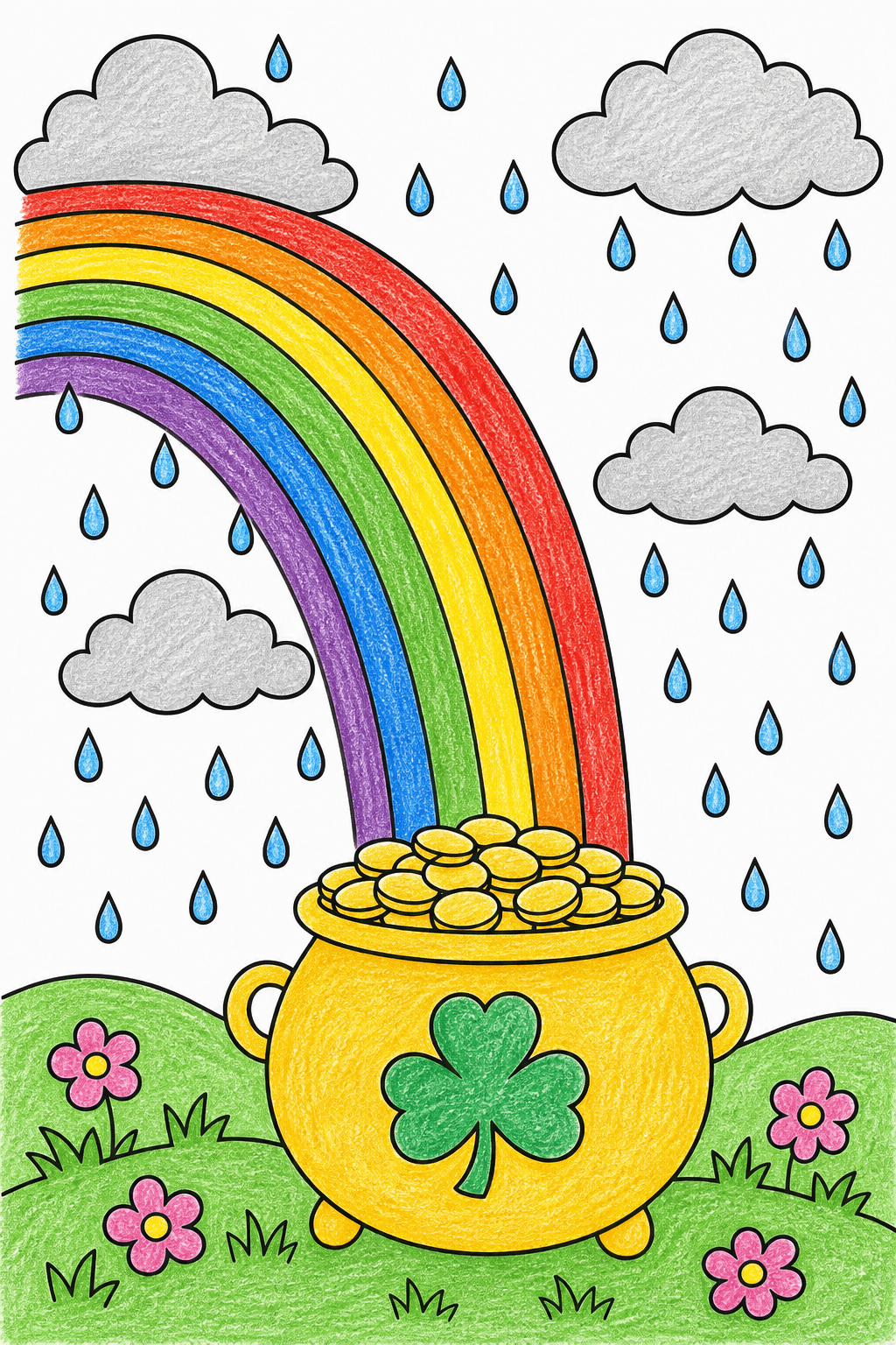 Rainbow Rain Shower over a Pot of Gold crayon colorized preview