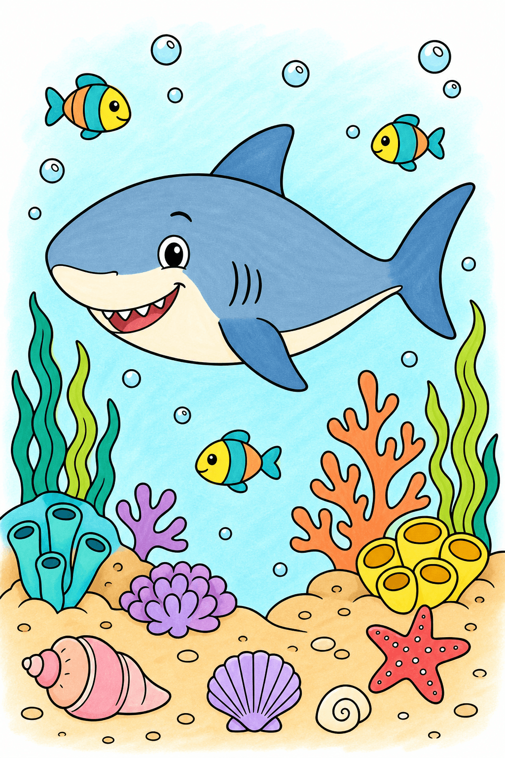 Smiling Shark Over a Shell-Filled Seabed marker colorized preview