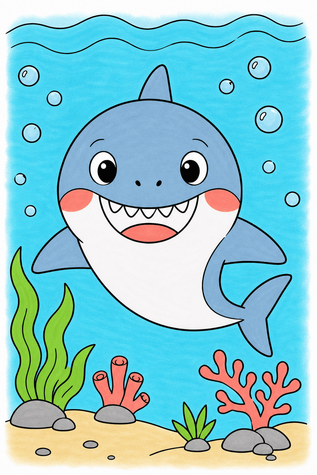 Smiling Shark in a Front-Facing Underwater Scene marker colorized preview