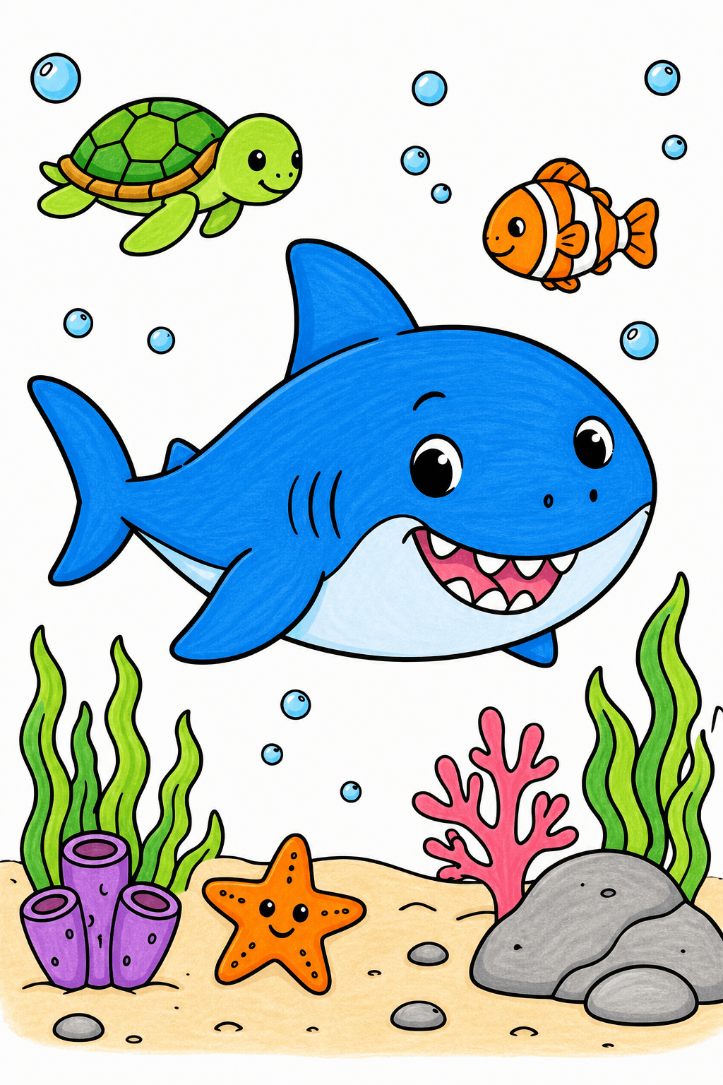 Cute Shark Above a Lively Ocean Floor marker colorized preview