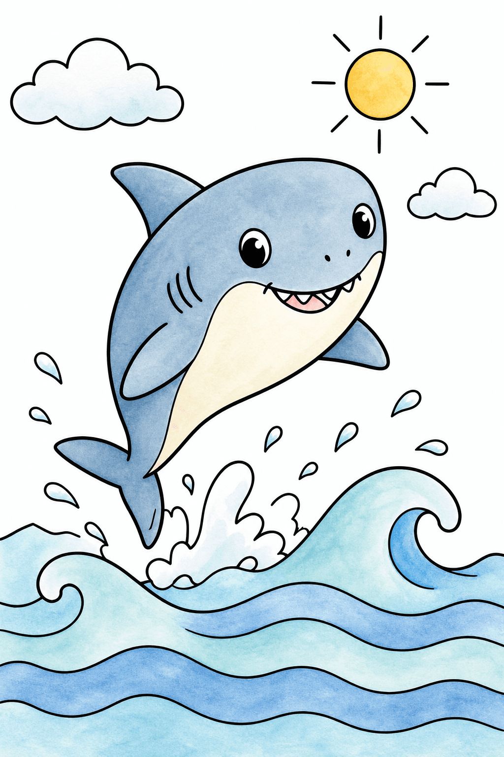 Smiling Shark Leaping Over Ocean Waves watercolor colorized preview