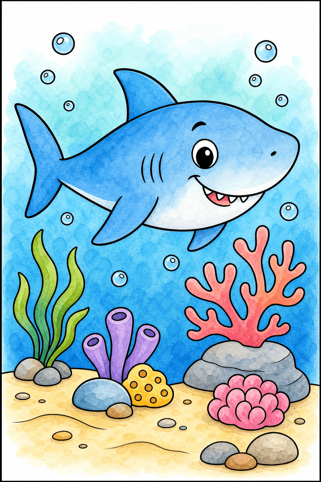 Cute Shark Swimming Over a Reef watercolor colorized preview