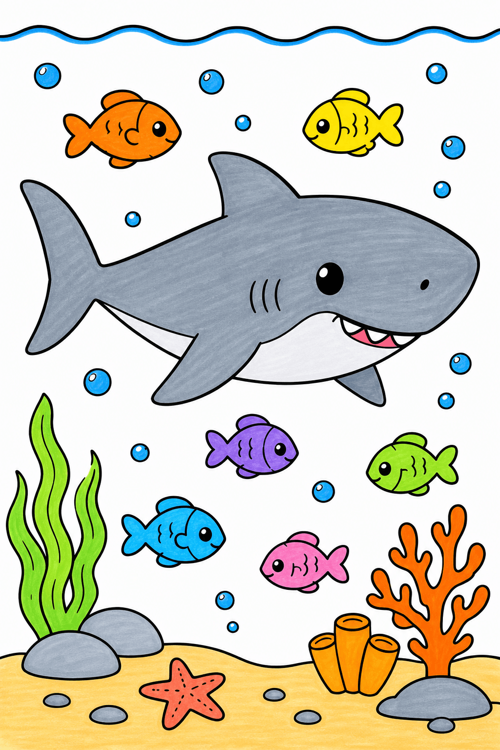 Smiling Shark with Six Small Fish marker colorized preview