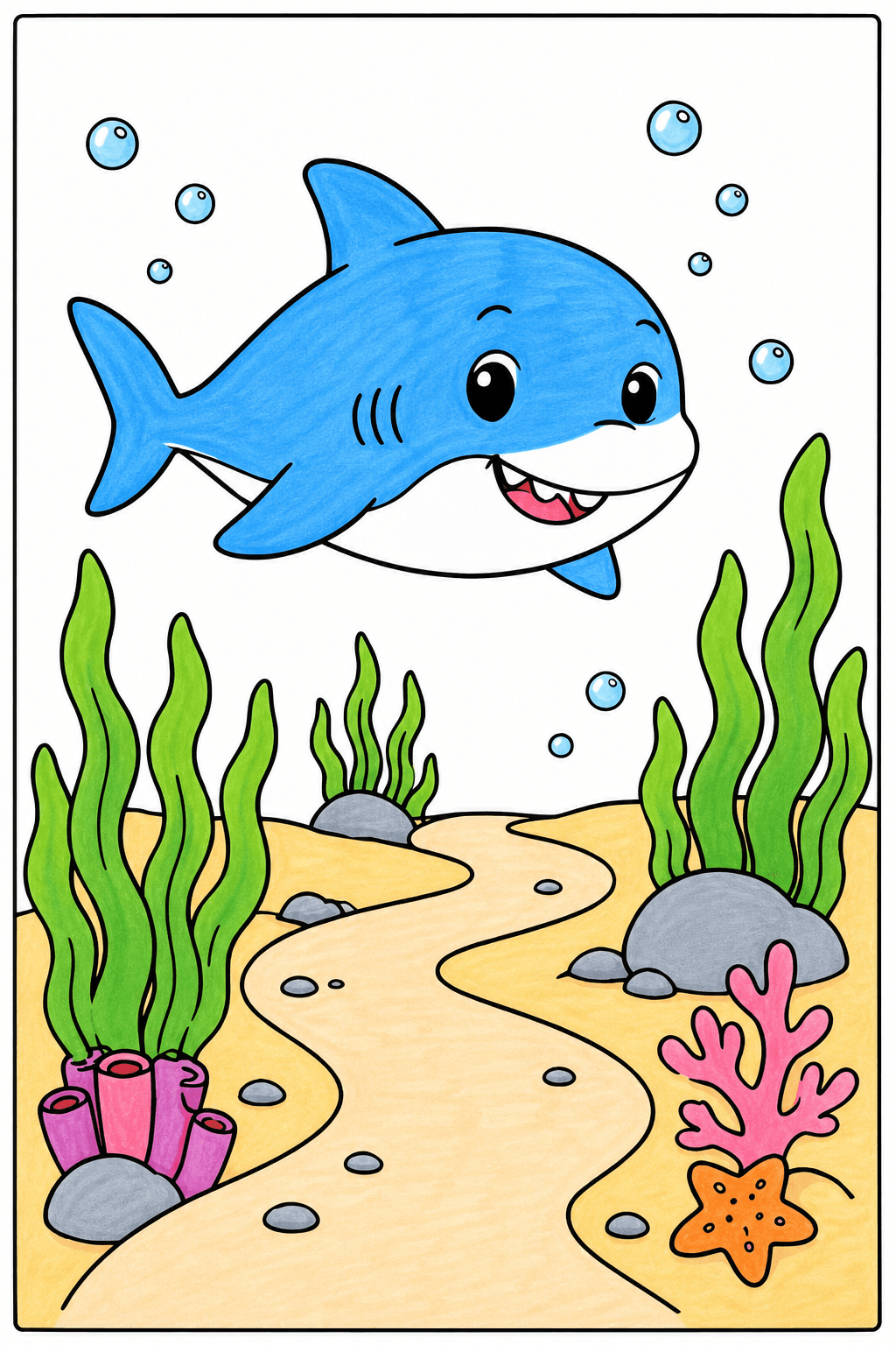 Cute Shark Swimming Over a Winding Seabed Path marker colorized preview