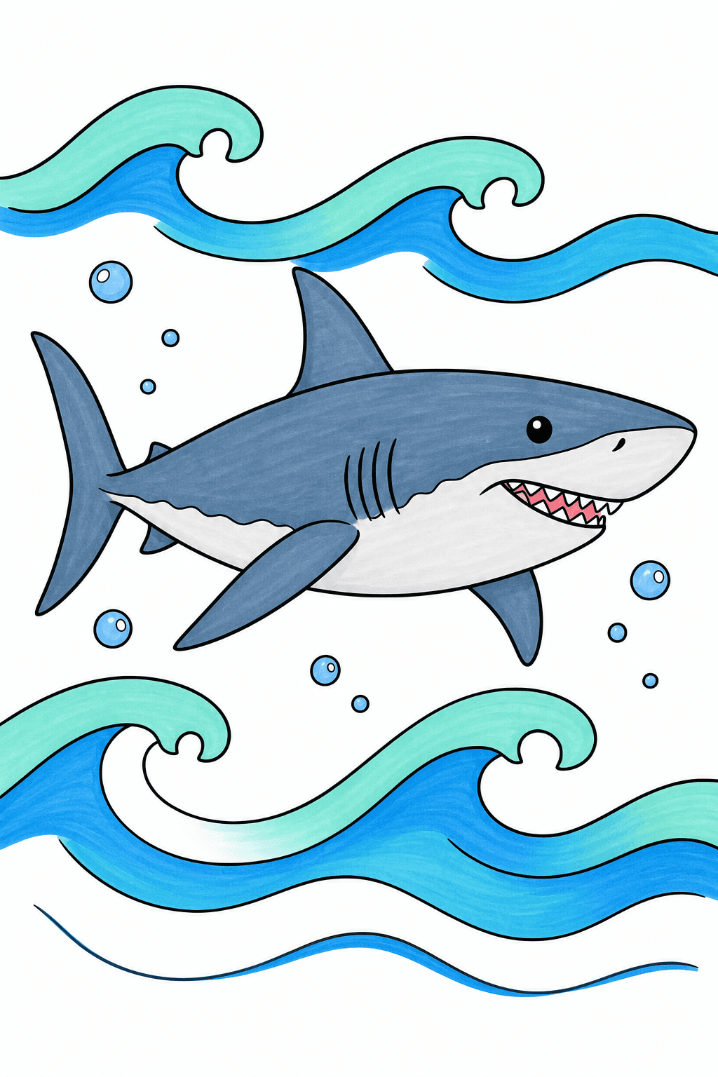 Great White Shark Swimming Between Ocean Waves marker colorized preview