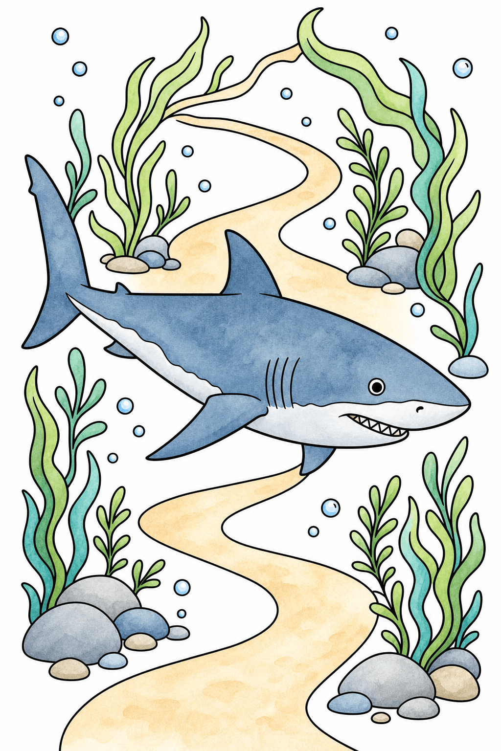 Great White Shark Above a Winding Underwater Path watercolor colorized preview