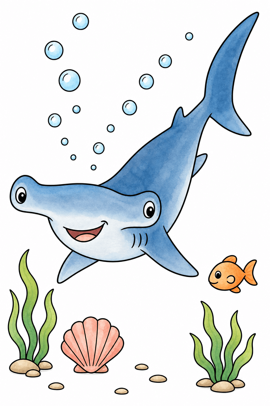 Smiling Hammerhead Shark with Bubbles watercolor colorized preview