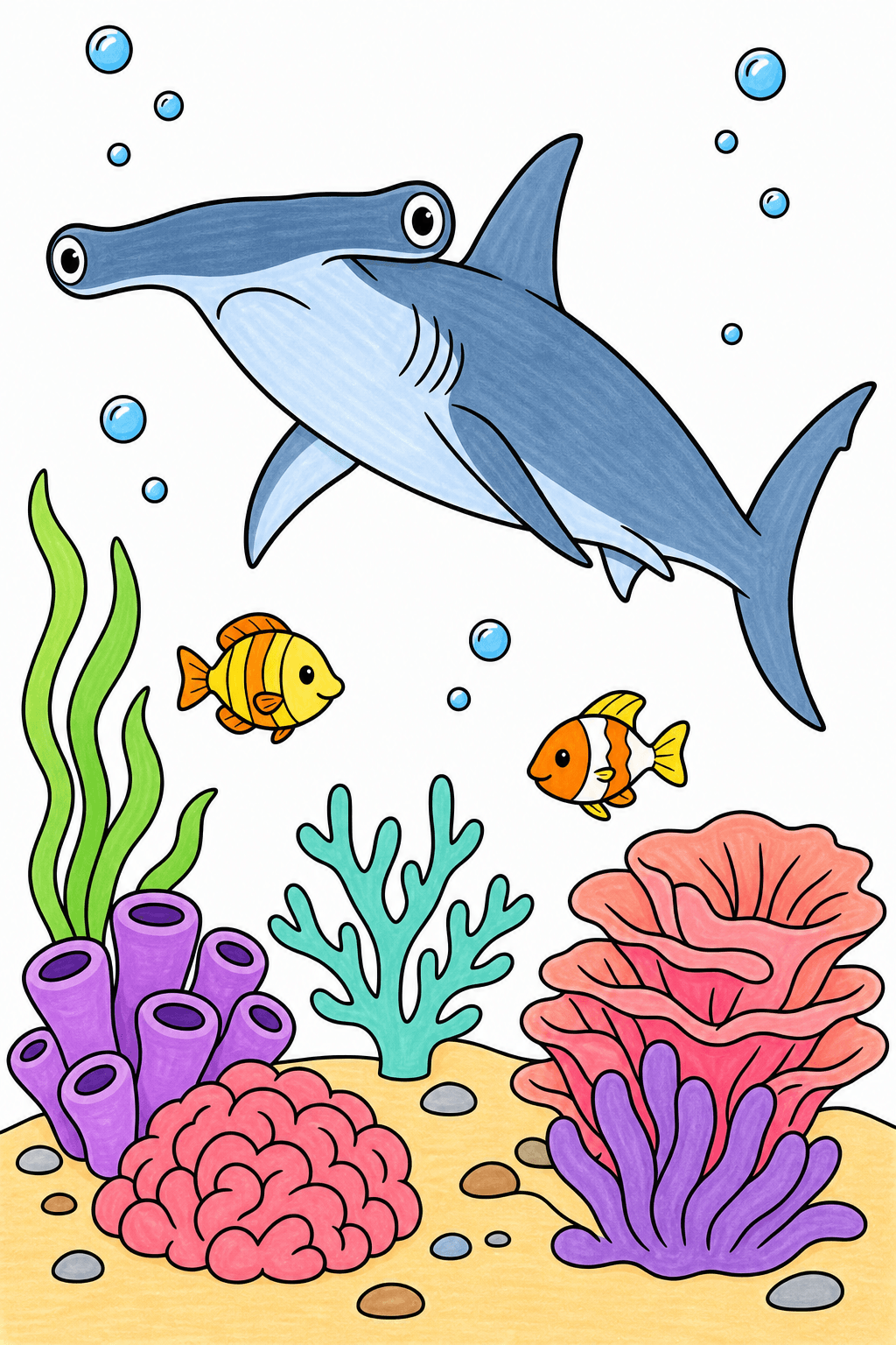 Hammerhead Shark Above a Coral Garden marker colorized preview