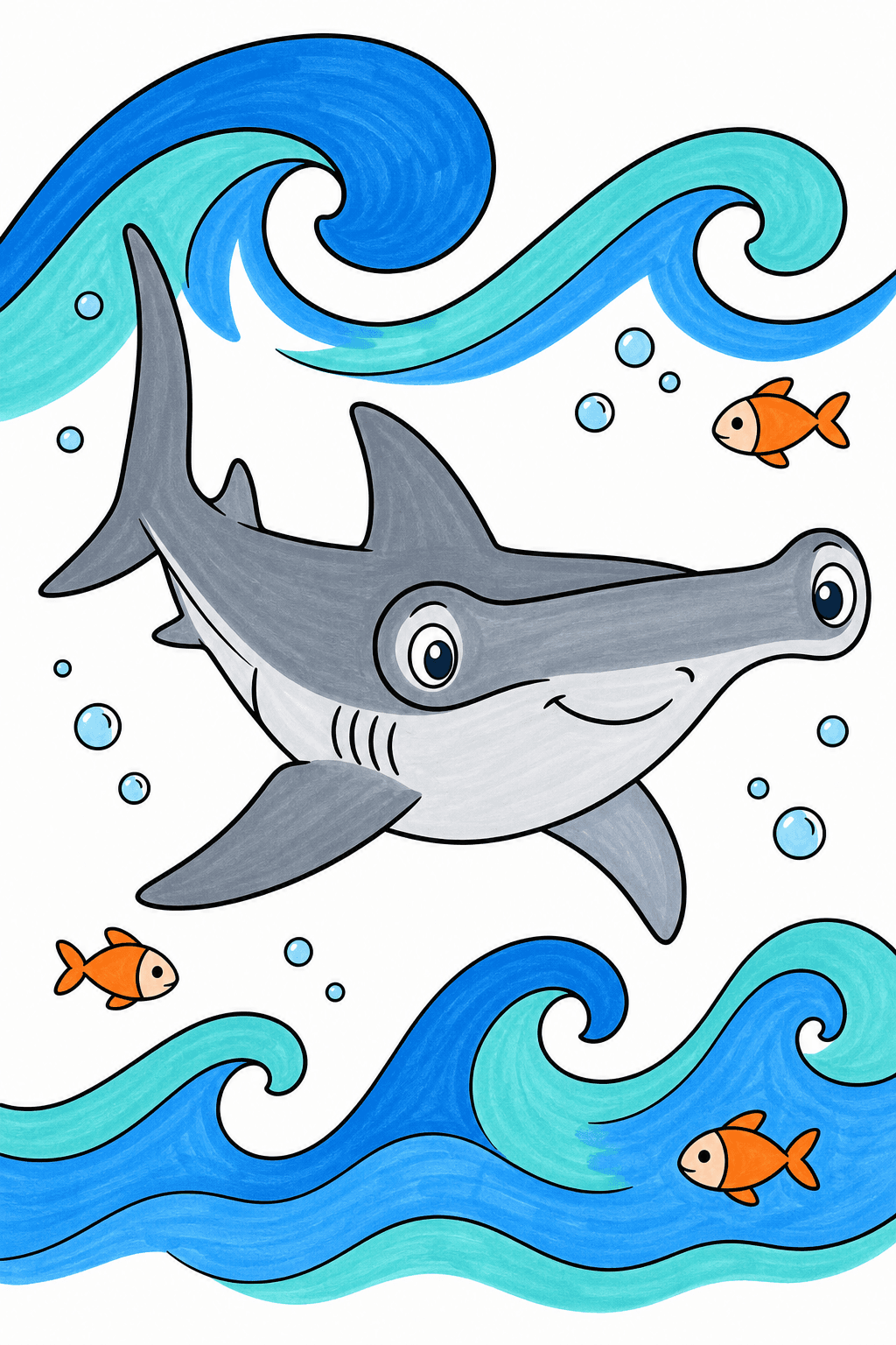 Hammerhead Shark Swimming Through Ocean Waves marker colorized preview