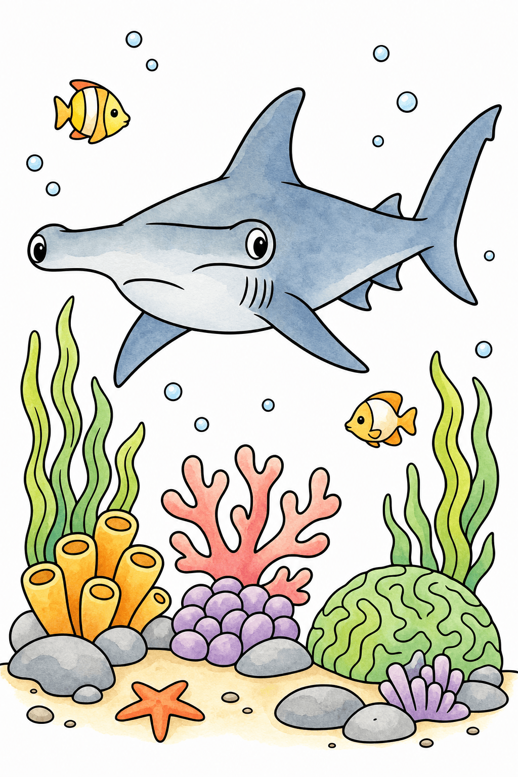 Hammerhead Shark Swimming Above a Coral Reef watercolor colorized preview