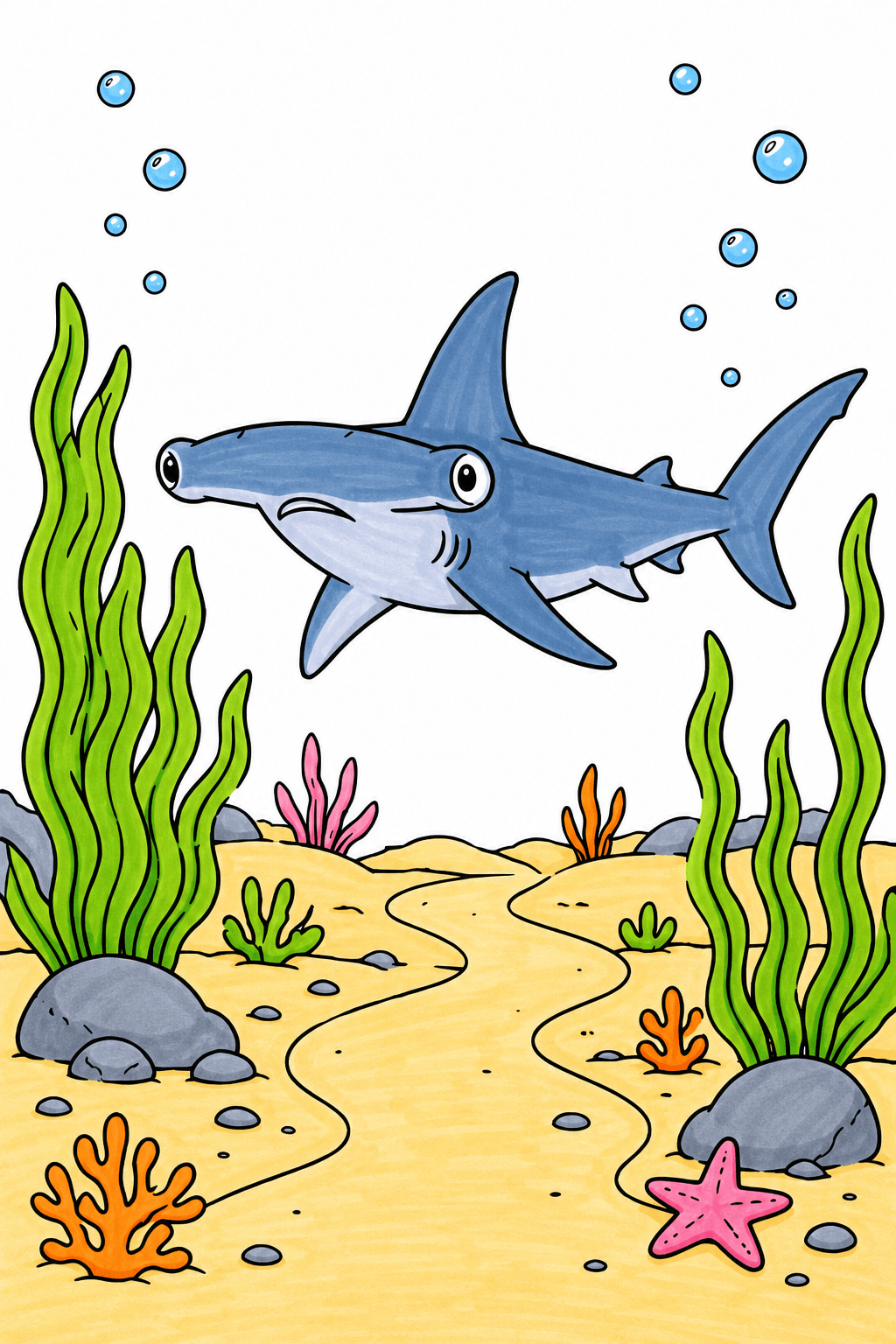 Hammerhead Shark Above a Winding Seabed Path marker colorized preview