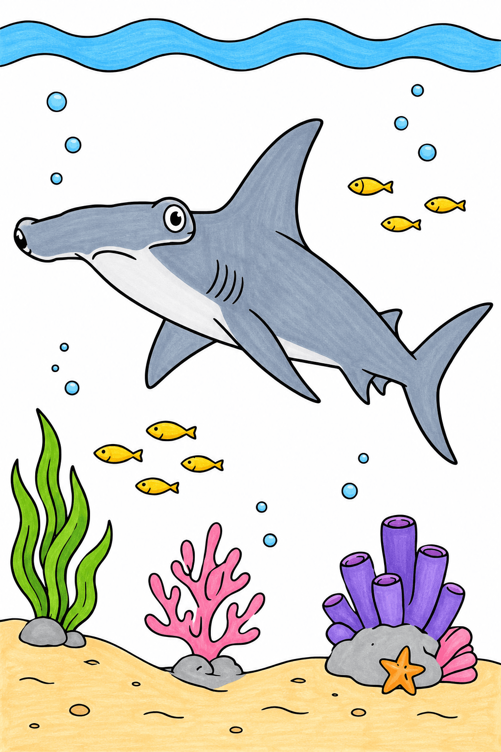 Hammerhead Shark Above Coral and Sea Plants marker colorized preview