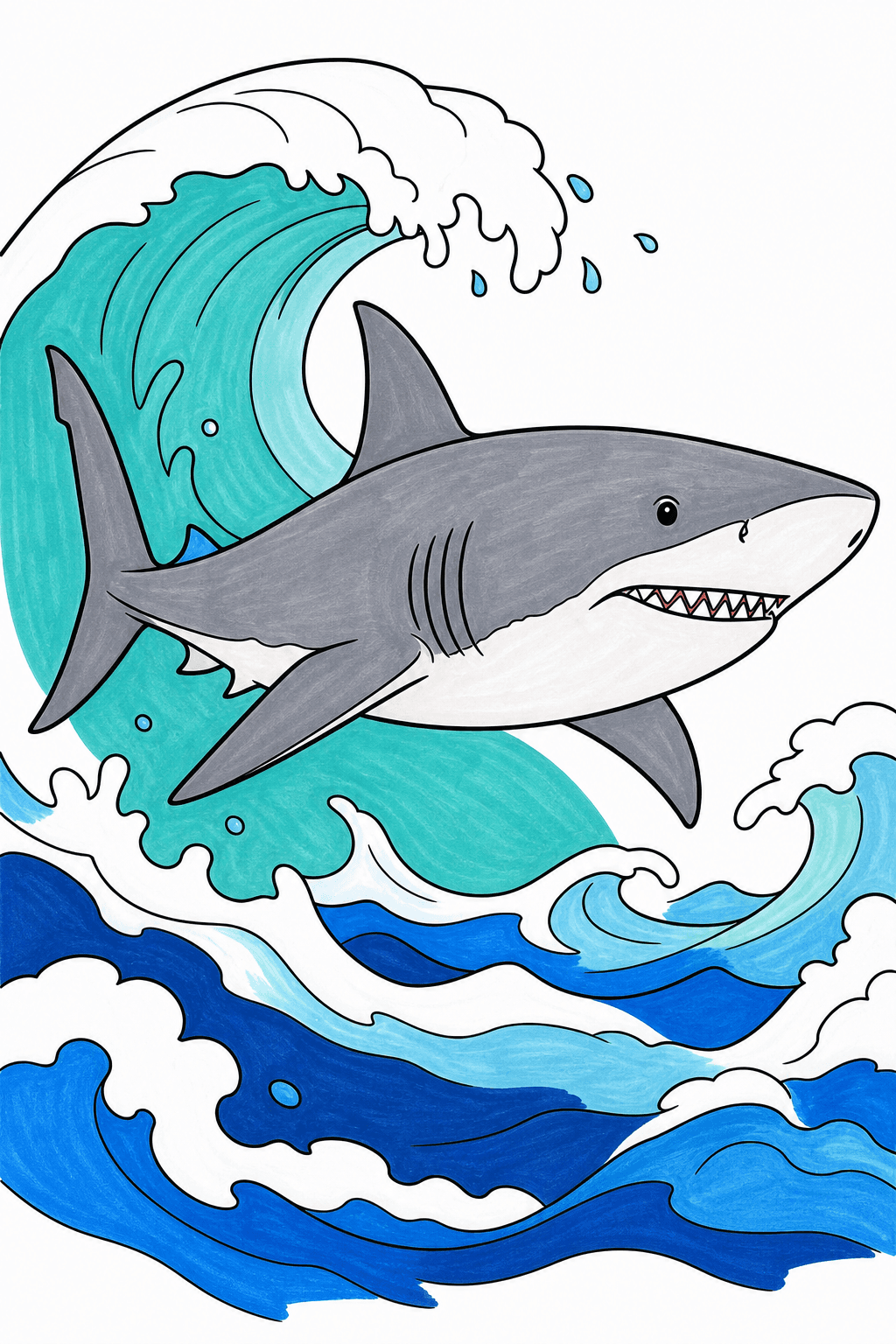 Shark Swimming Through Curling Ocean Waves marker colorized preview