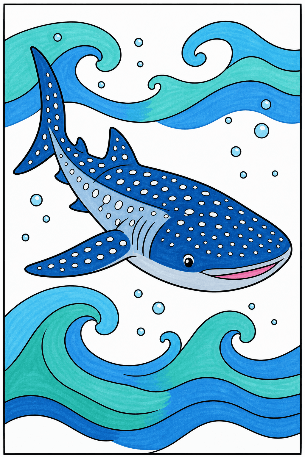 Whale Shark with Ocean Waves and Bubbles marker colorized preview