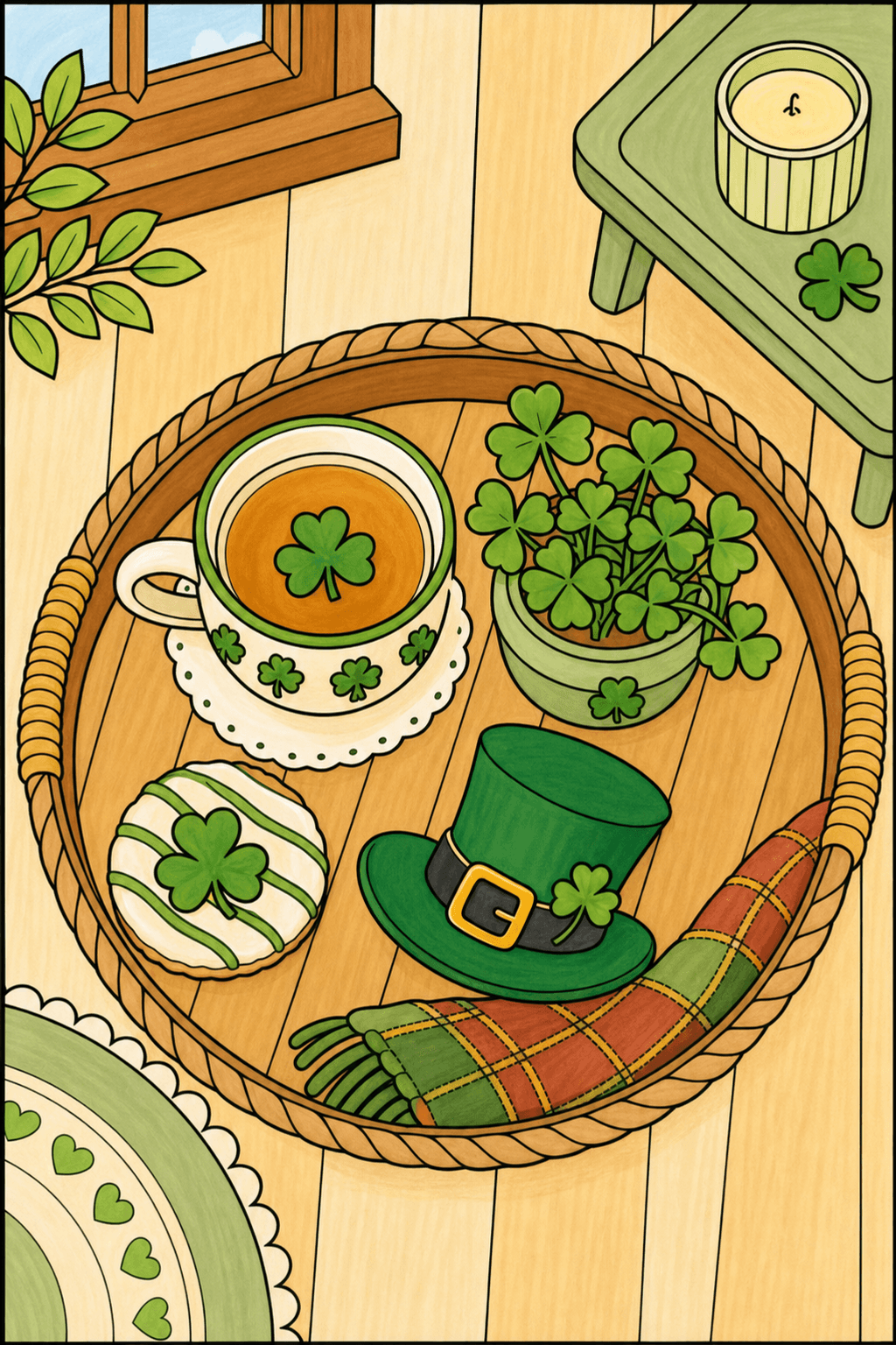 Cozy St. Patrick’s Day Tea Tray marker colorized preview