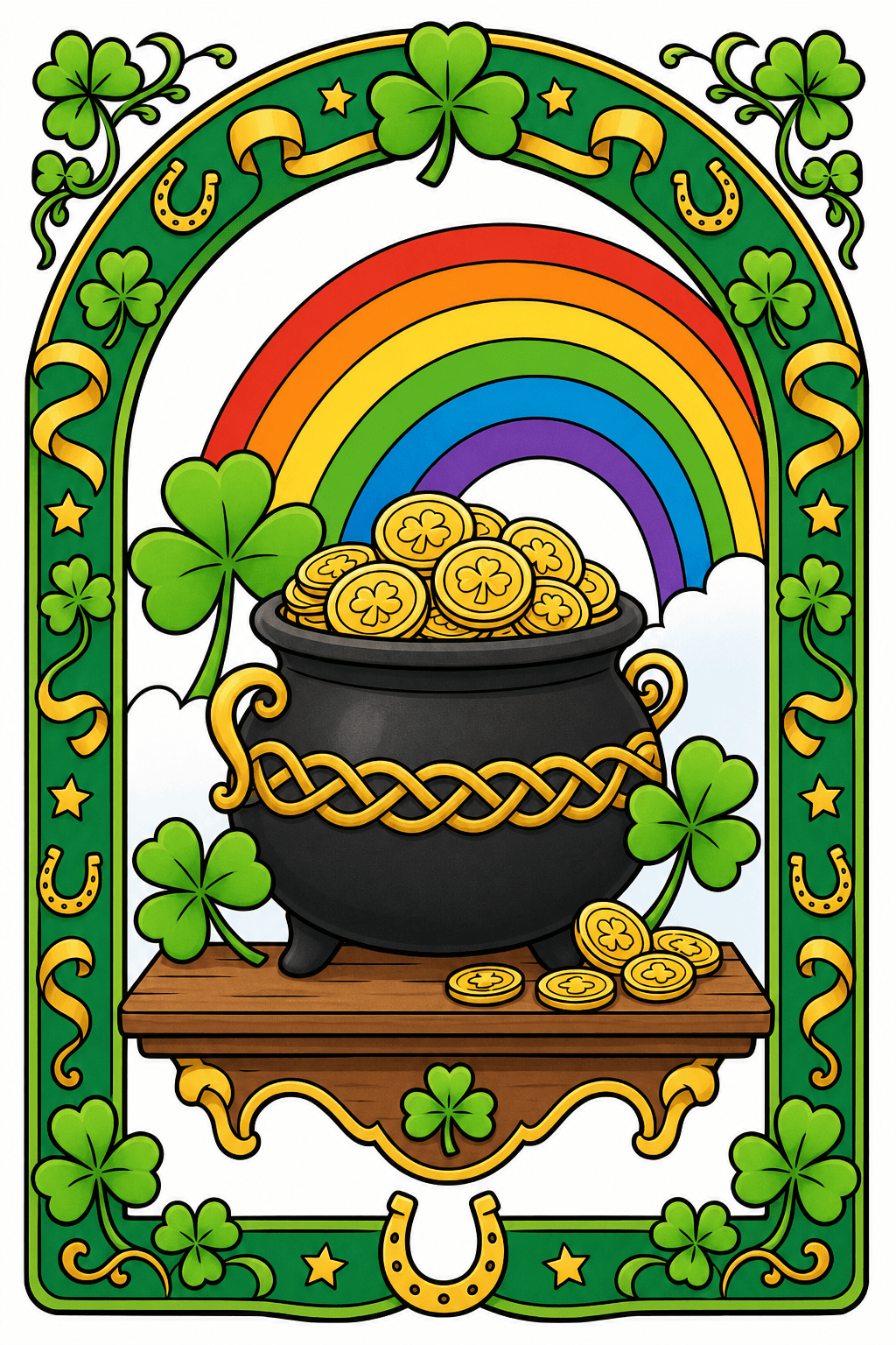 Pot of Coins, Rainbow and Shamrock Border clean-digital colorized preview