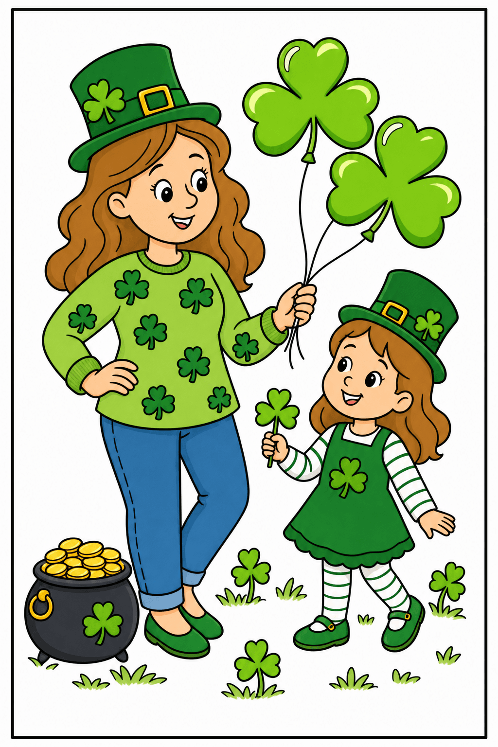 Woman and Girl Holding Shamrock Balloons clean-digital colorized preview