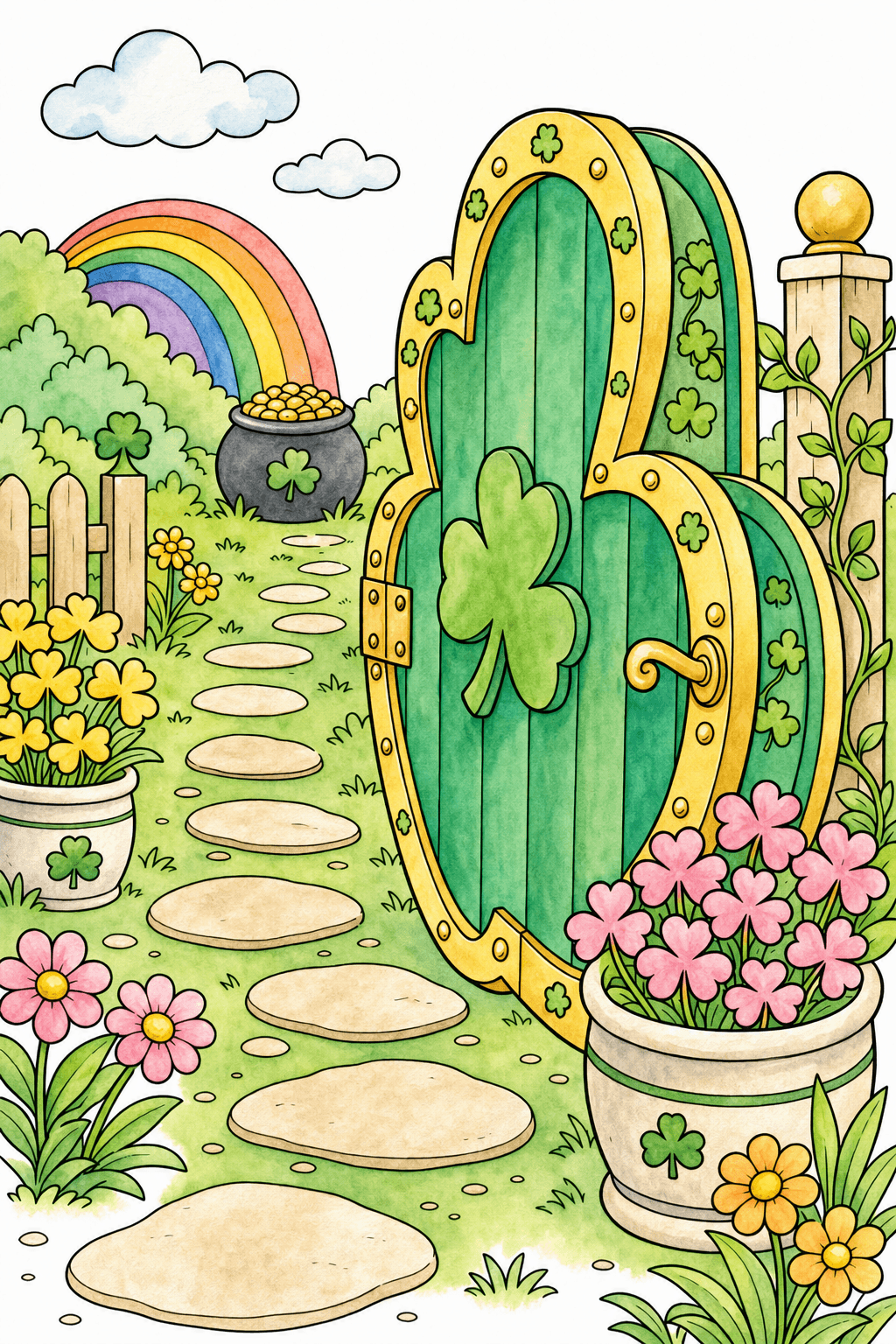Garden Door with Shamrocks and a Rainbow watercolor colorized preview