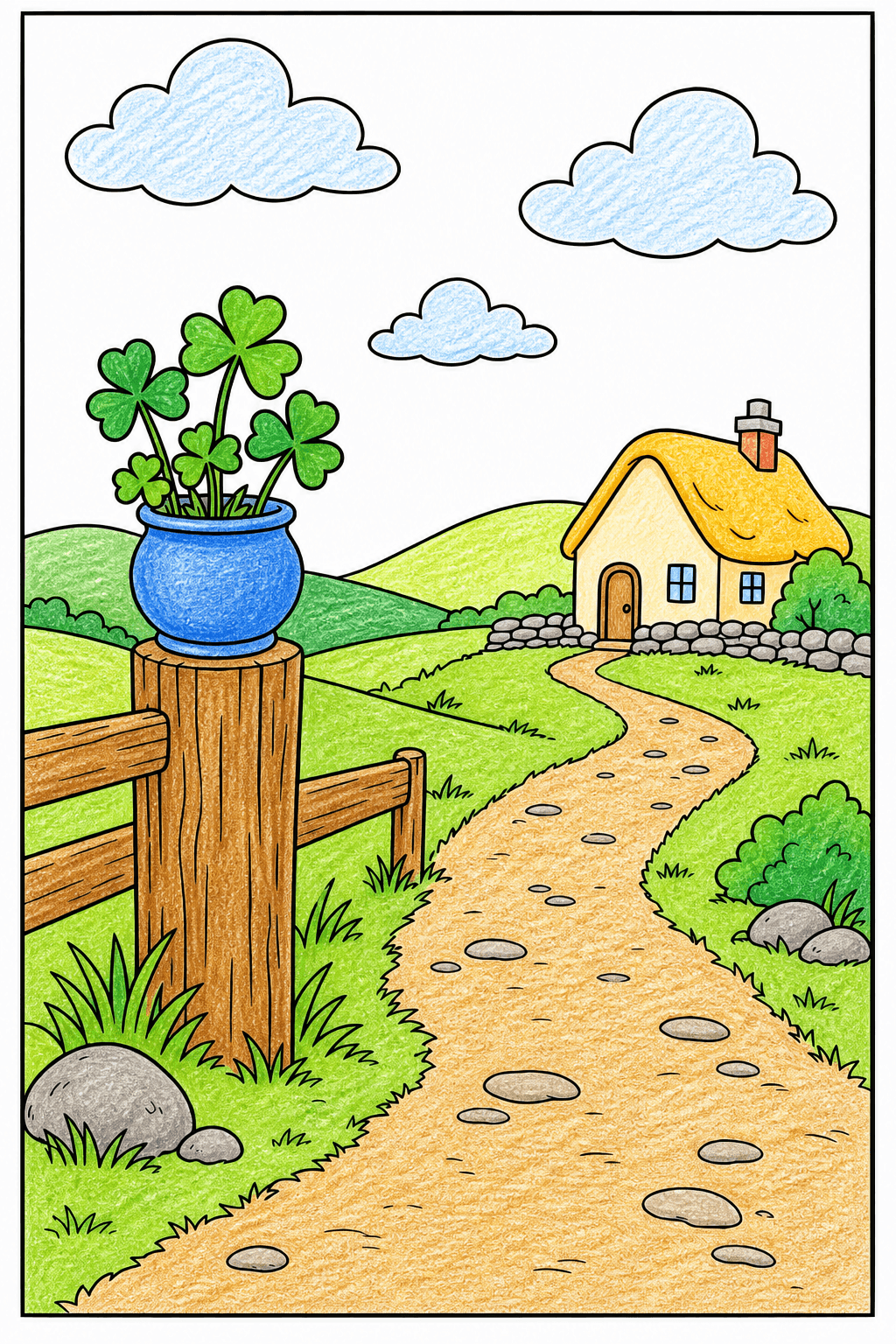 Winding Path to a Cottage with Potted Shamrocks crayon colorized preview