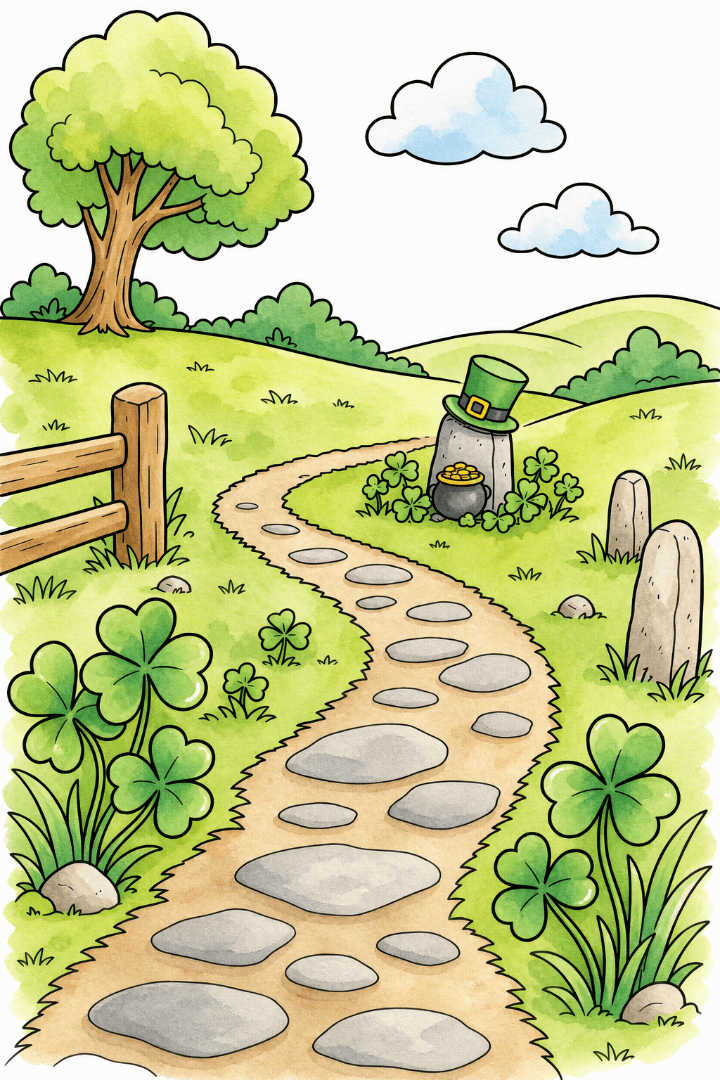 St. Patrick’s Day Shamrock Garden Path watercolor colorized preview