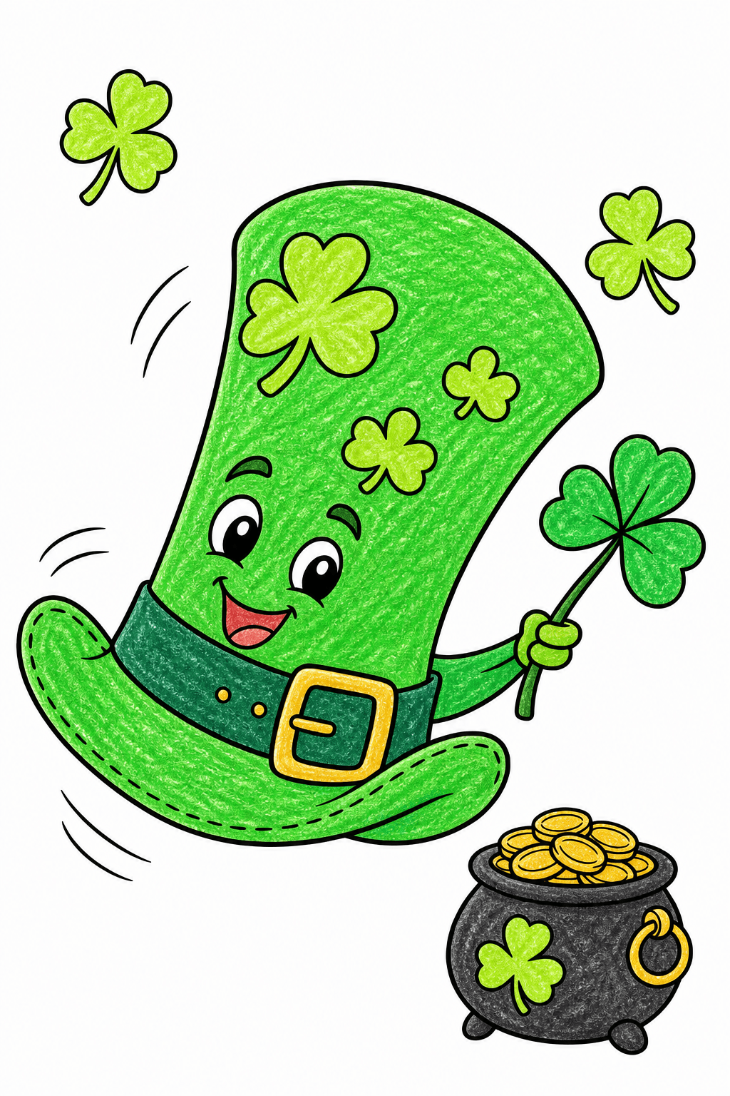 Smiling Hat Holding a Shamrock crayon colorized preview