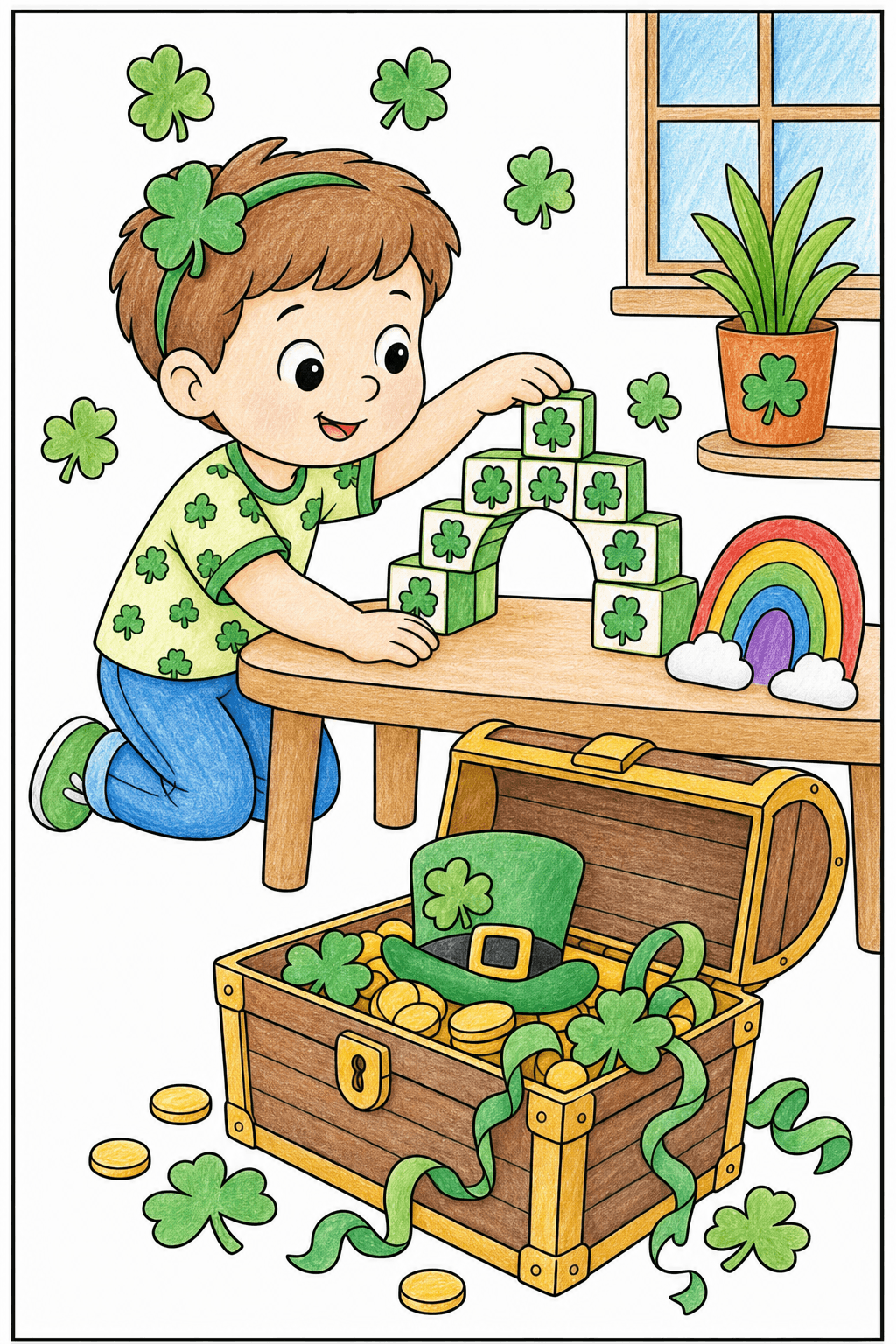 Child Building a Shamrock Block Arch colored-pencil colorized preview