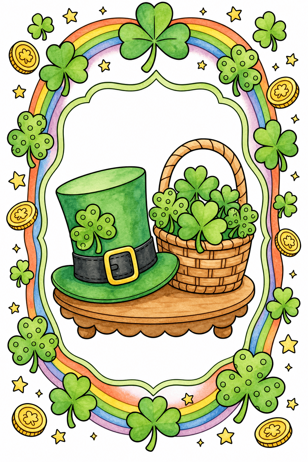 Buckled Hat and Clover Basket in a Decorative Frame watercolor colorized preview