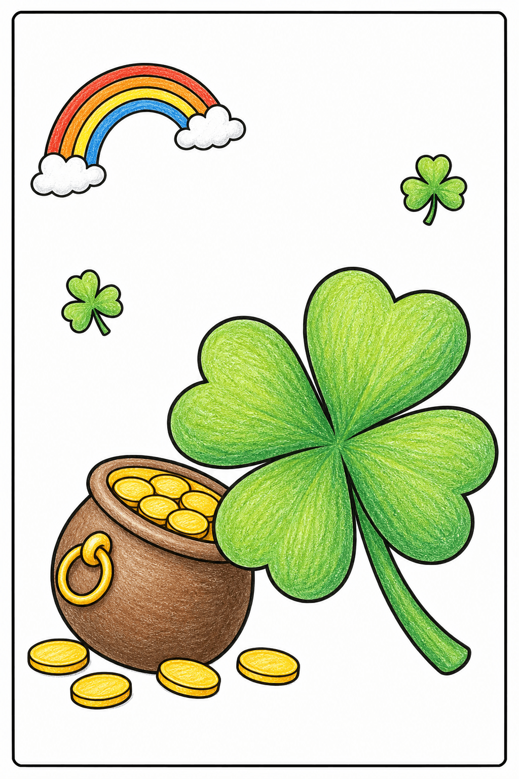 Large Four-Leaf Clover Beside a Pot of Coins colored-pencil colorized preview