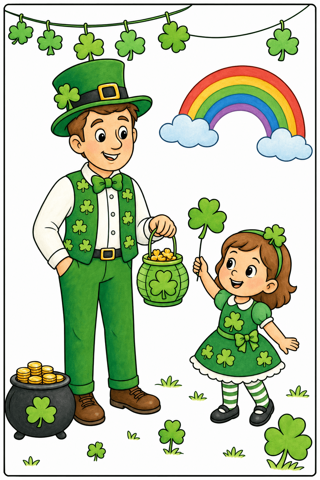 Man and Girl beneath a Shamrock Garland storybook colorized preview